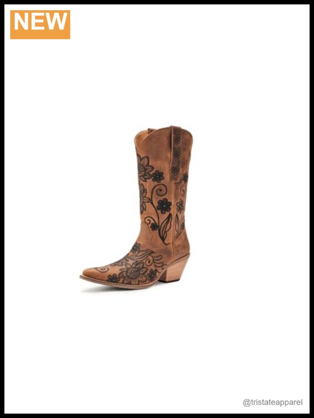 Women's Mid Calf Western Boots Leather Embroidered Snip Toe Pull On